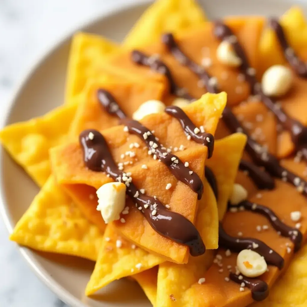 a photo of corn tortilla dessert nachos with cinnamon sugar and chocolate drizzle.