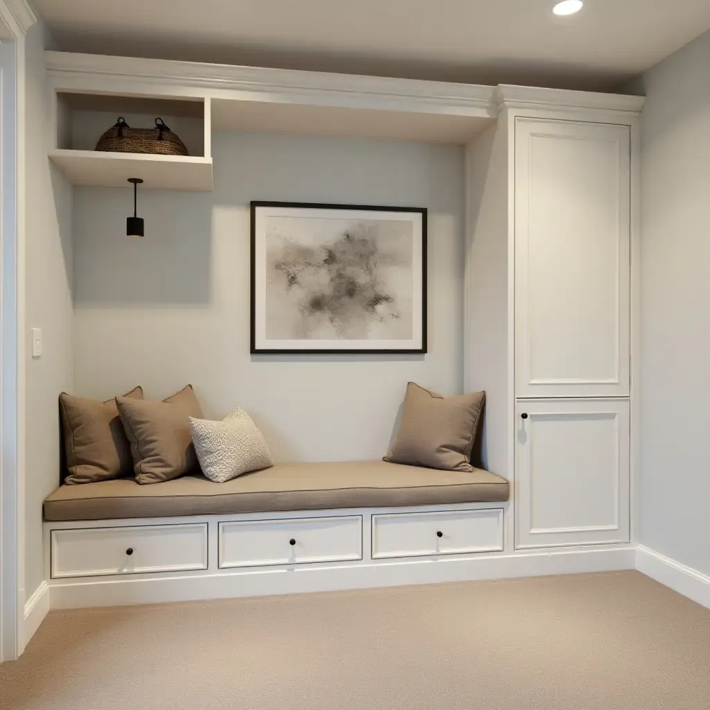 a photo of a stylish basement with a DIY storage bench