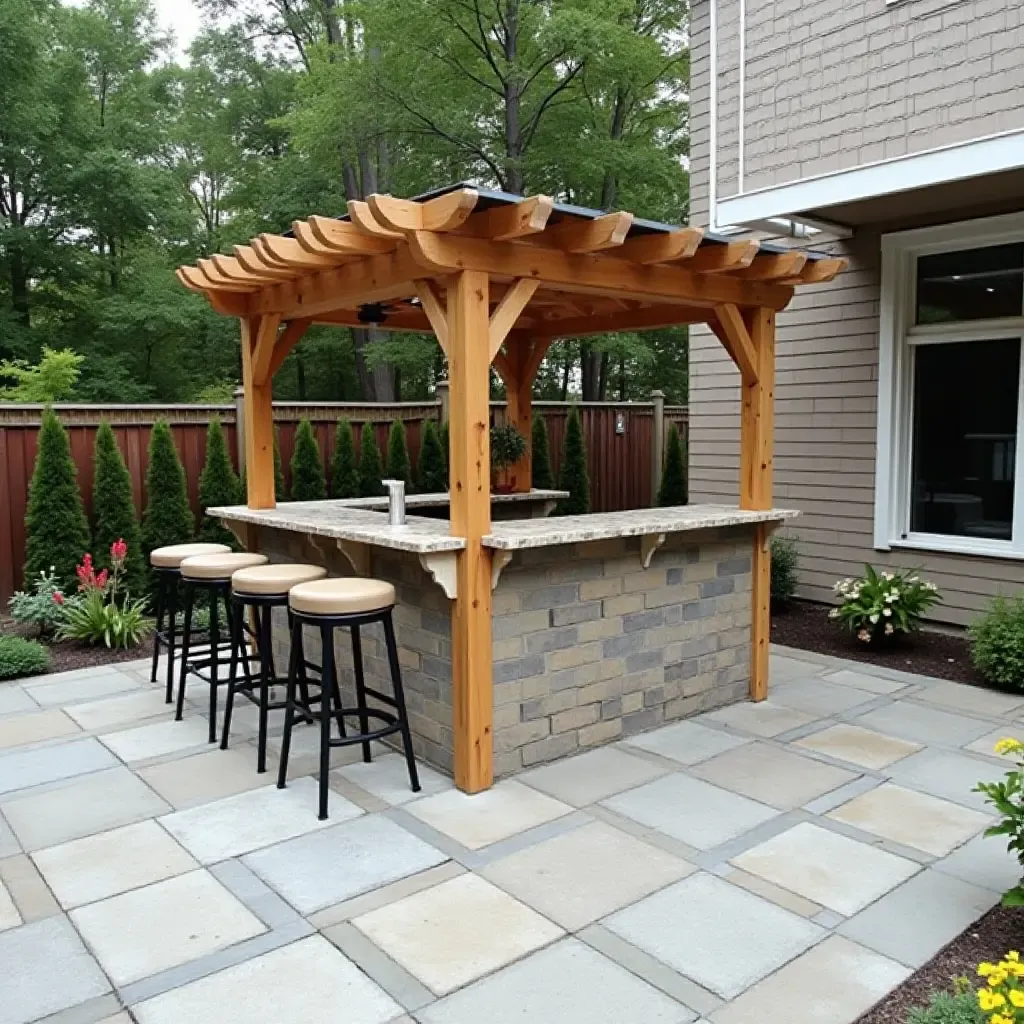 a photo of a concrete patio with a DIY outdoor bar and high stools