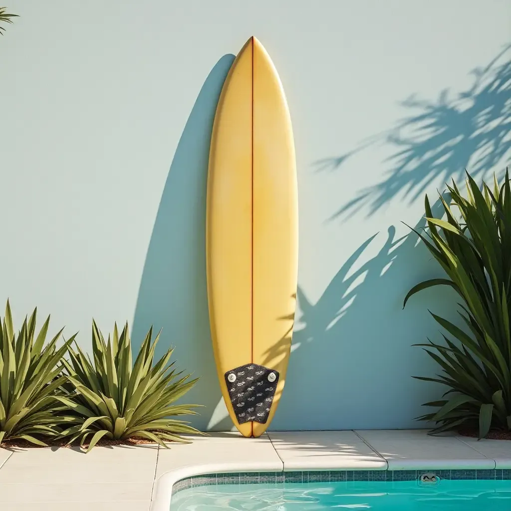 a photo of a vintage surfboard mounted on a poolside wall