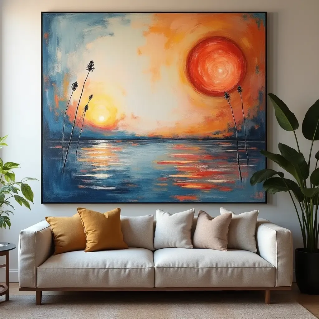 a photo of a large canvas painting blending modern art with bohemian motifs