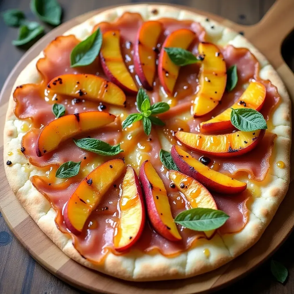 a photo of a pizza with grilled peaches, prosciutto, and a honey-mint drizzle