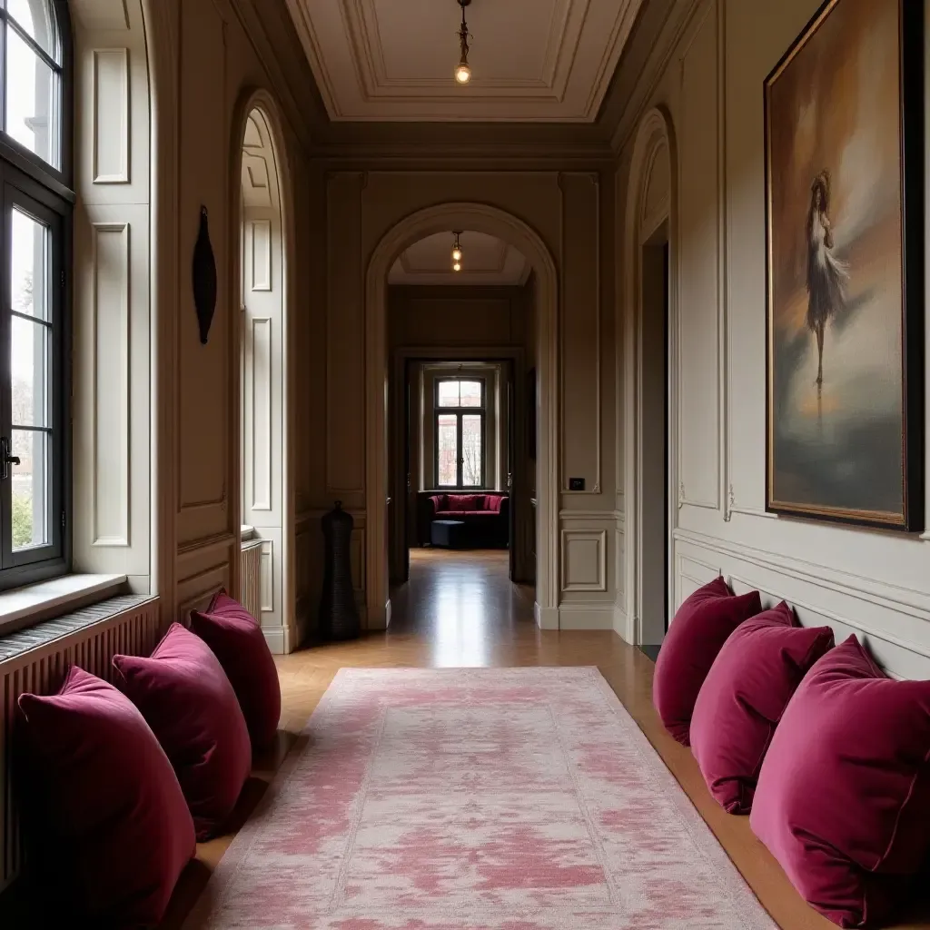 a photo of a sophisticated corridor with throw pillows in rich jewel tones