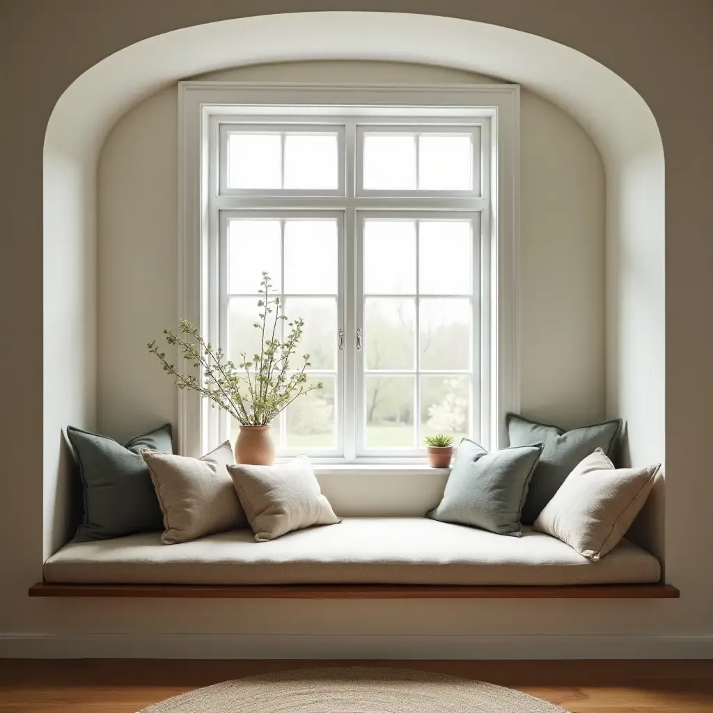 a photo of a cozy breakfast nook with a window seat and cushions