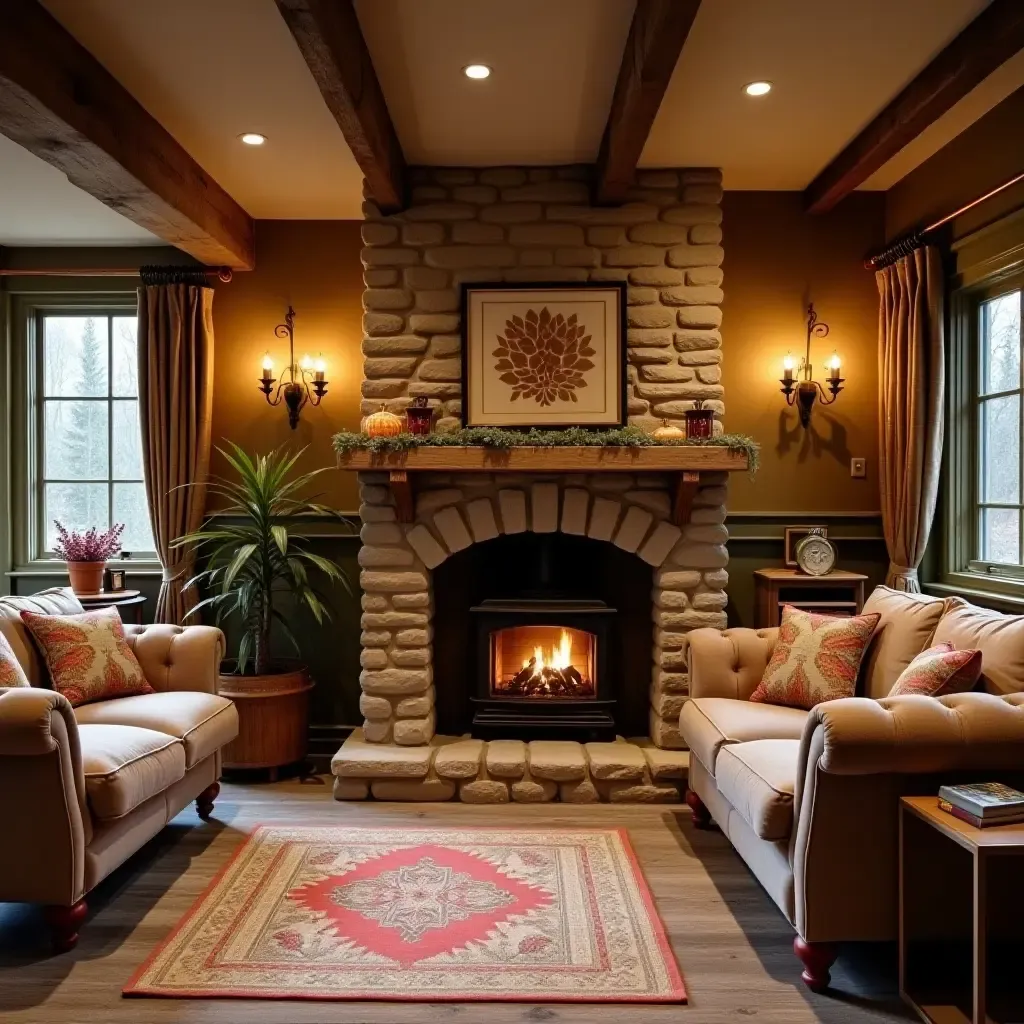 a photo of a basement with a cozy fireplace surrounded by whimsical decor