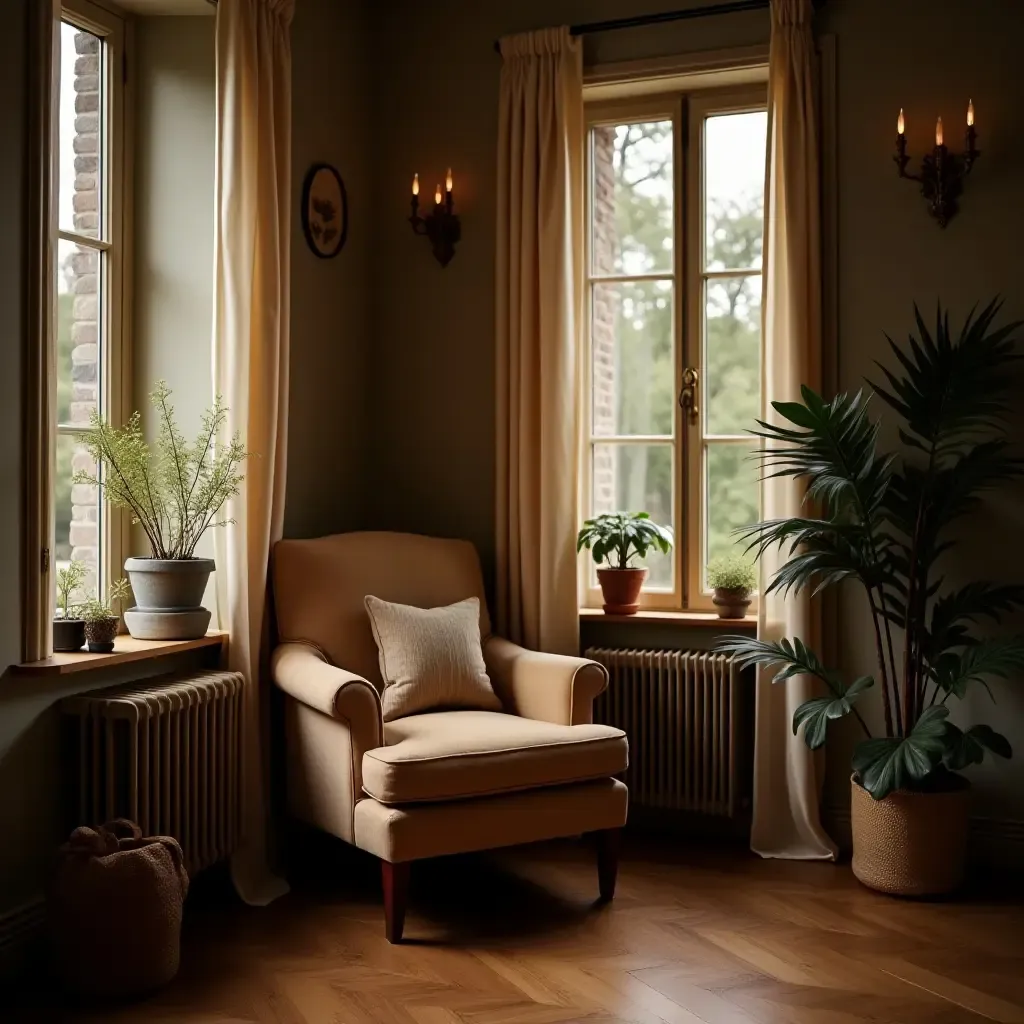 a photo of a charming reading nook with a vintage armchair and soft lighting