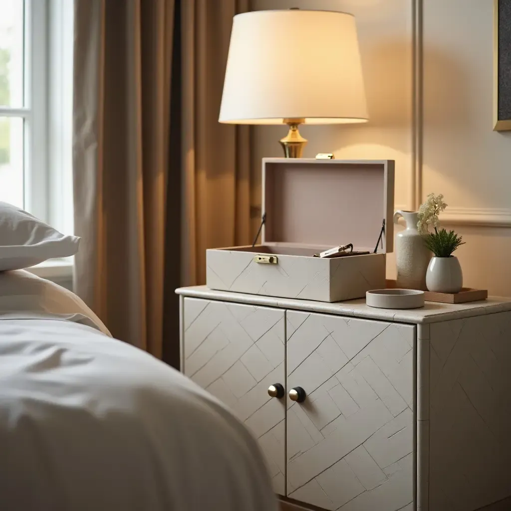 a photo of a nightstand featuring a chic jewelry box and accessories