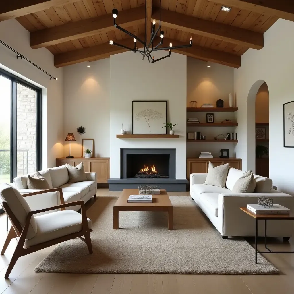 a photo of a living room with wooden beams and inviting decor