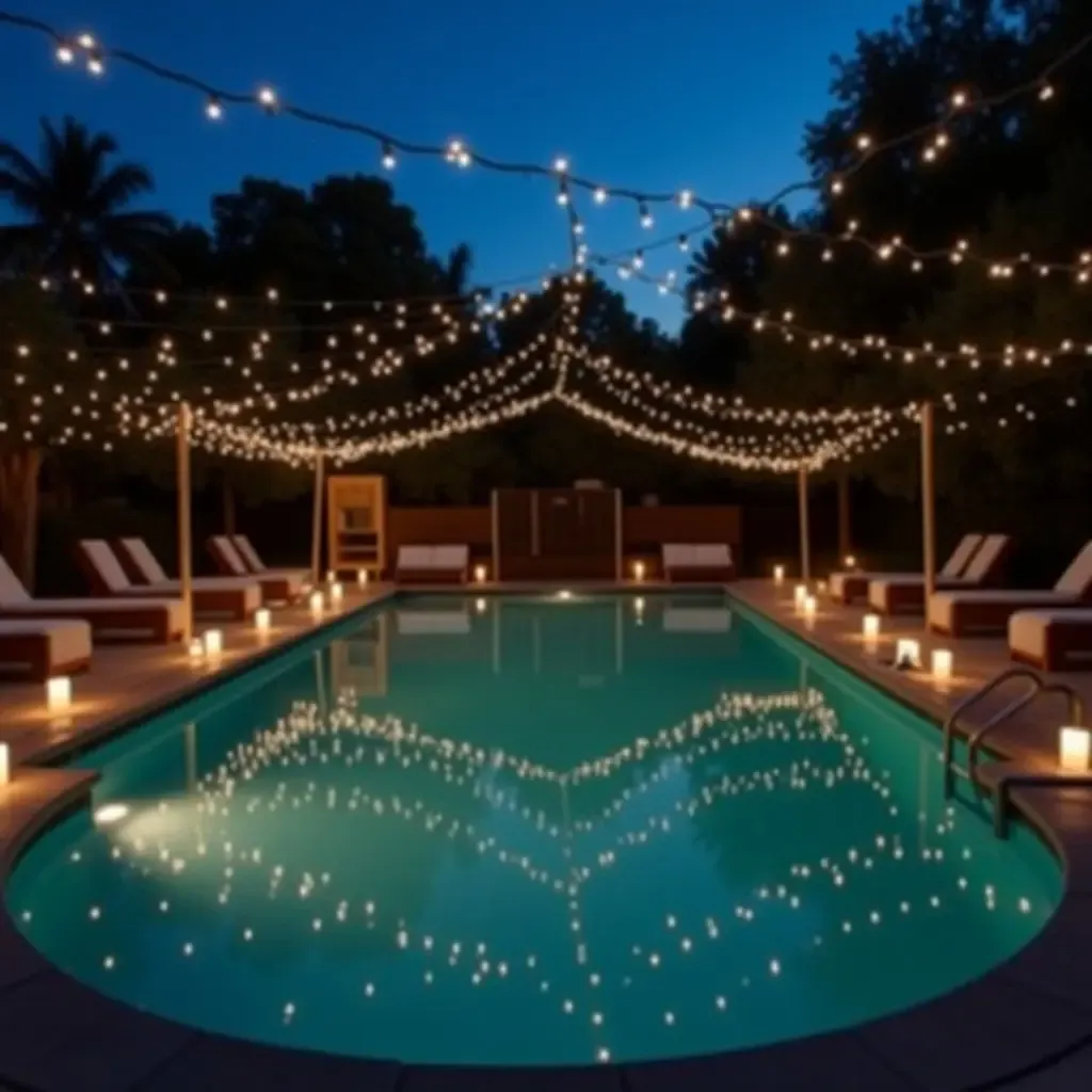 a photo of a serene evening pool scene with fairy lights and candles