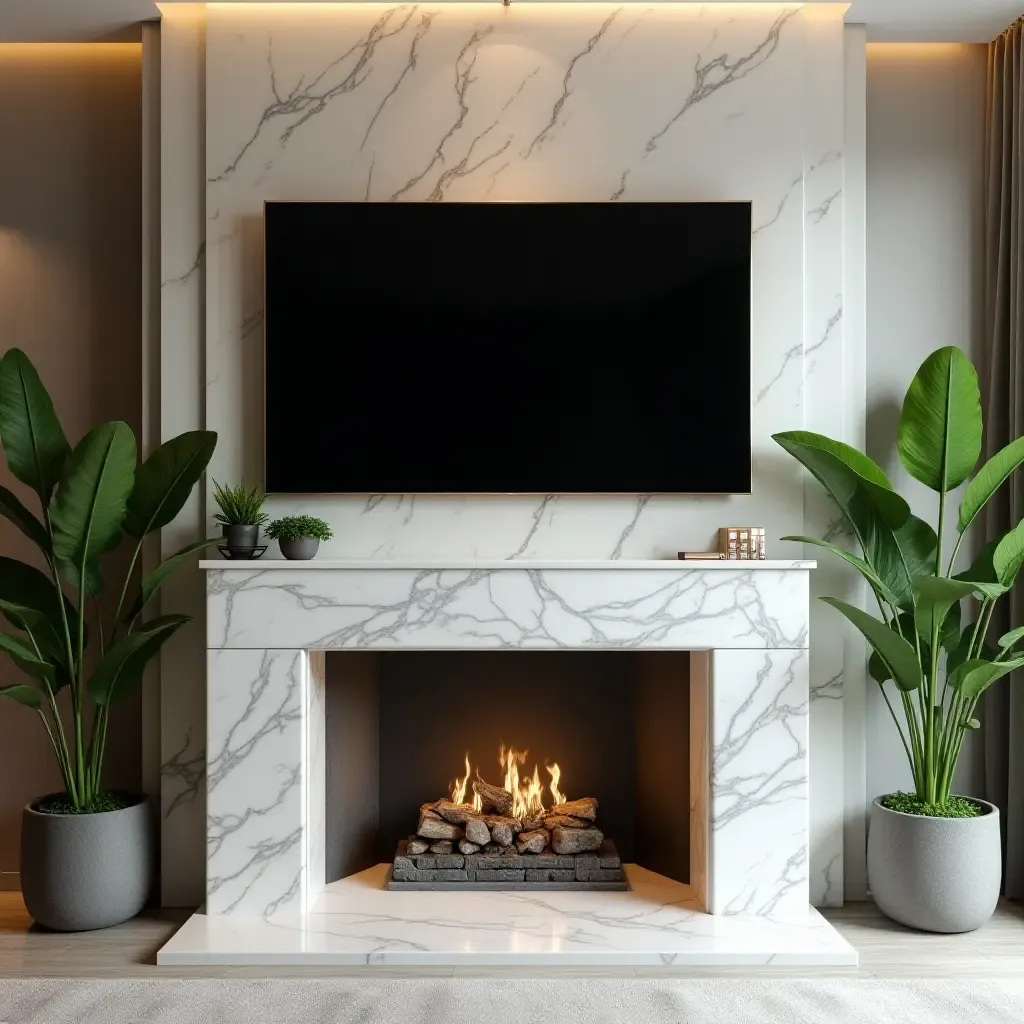 a photo of a luxurious living space with a TV above a marble fireplace mantel surrounded by greenery