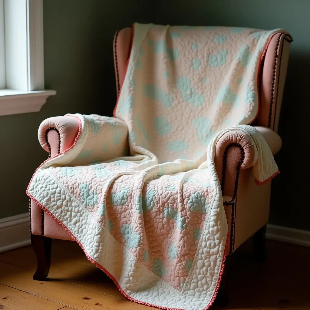 a photo of a charming quilt draped over a vintage armchair