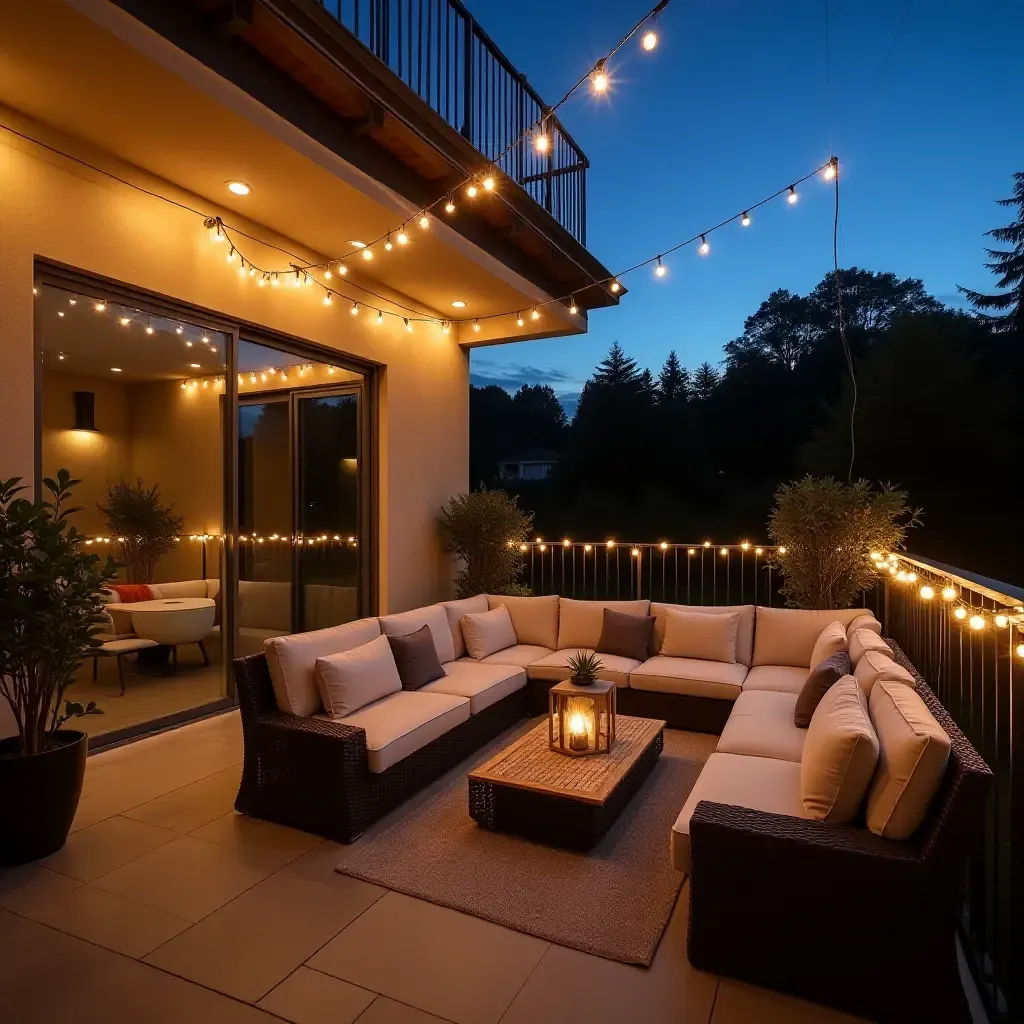 a photo of a glamorous balcony with elegant string lights and plush seating