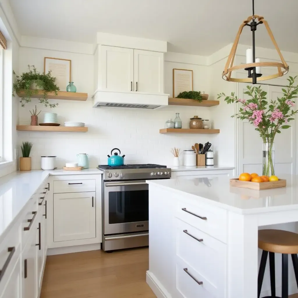 a photo of a Scandinavian-inspired basement kitchen with open shelving and bright accents