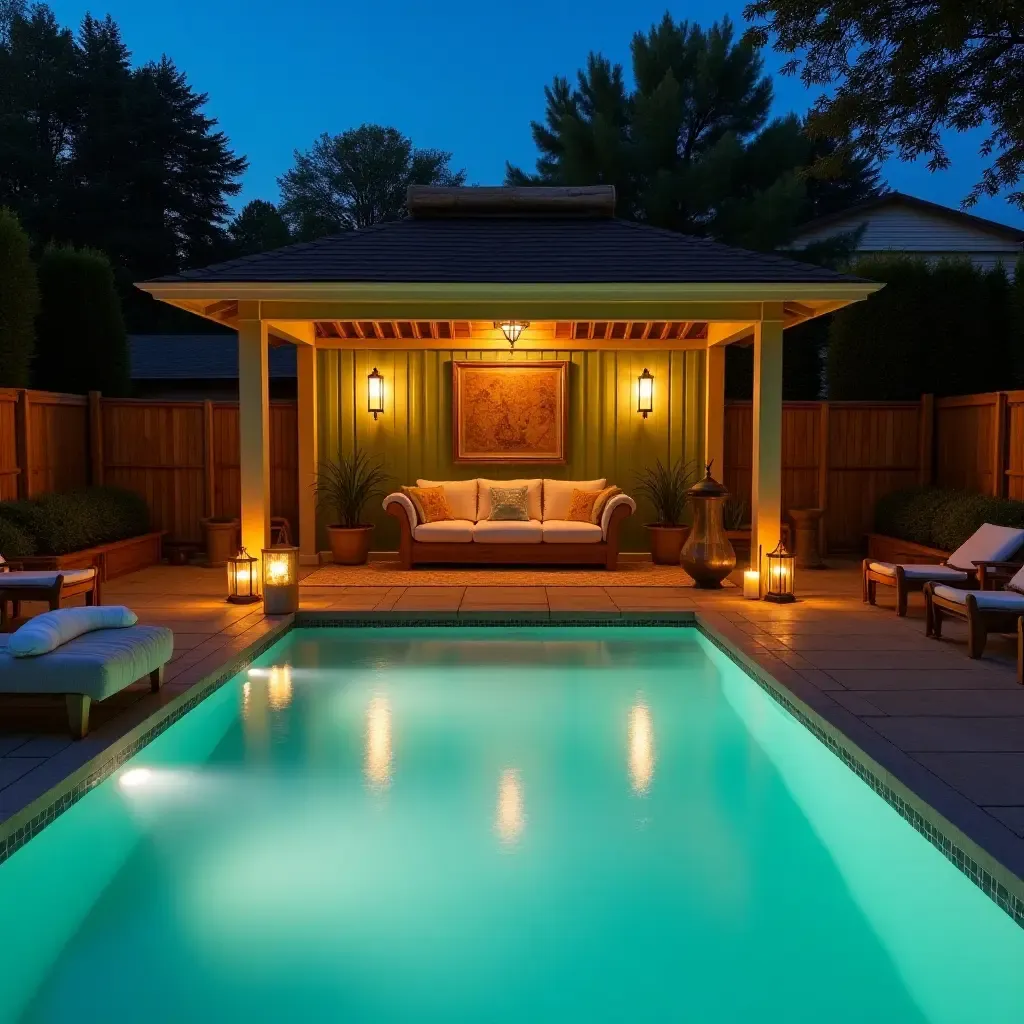 a photo of a cozy pool area featuring a vintage-style cabana and soft lighting