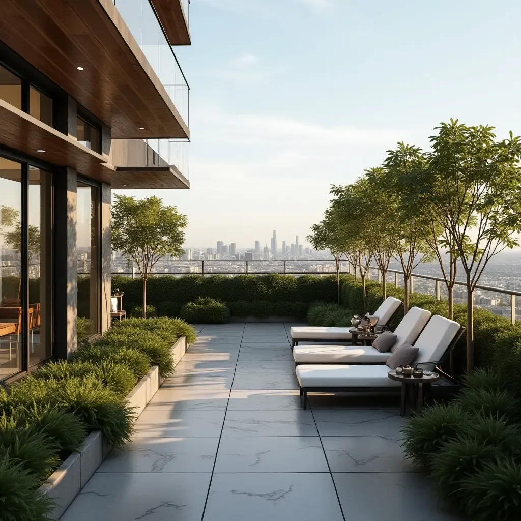 a photo of a glamorous balcony with a rooftop garden and lounge chairs