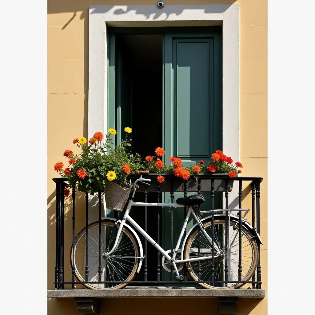 a photo of a balcony with an old-fashioned bicycle and blooming flowers