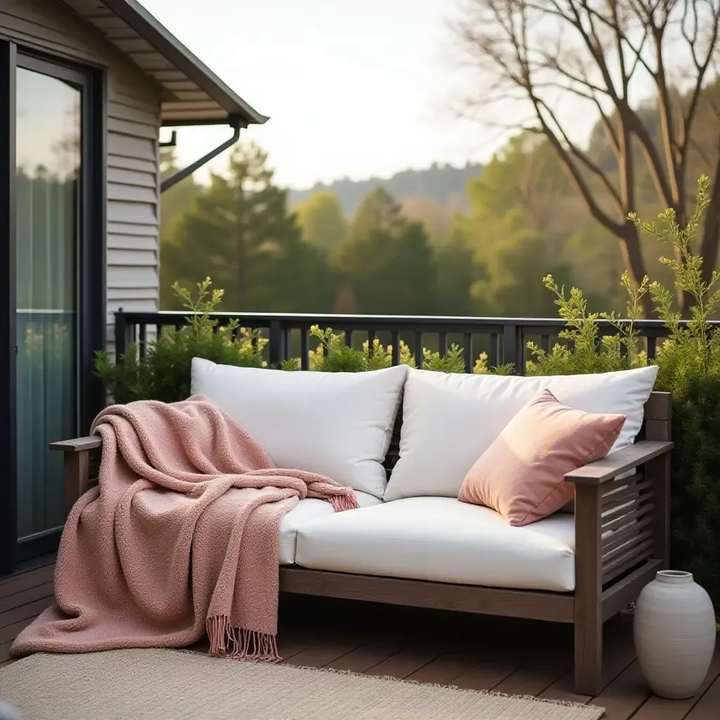 a photo of a balcony with a cozy outdoor sofa and throw blankets