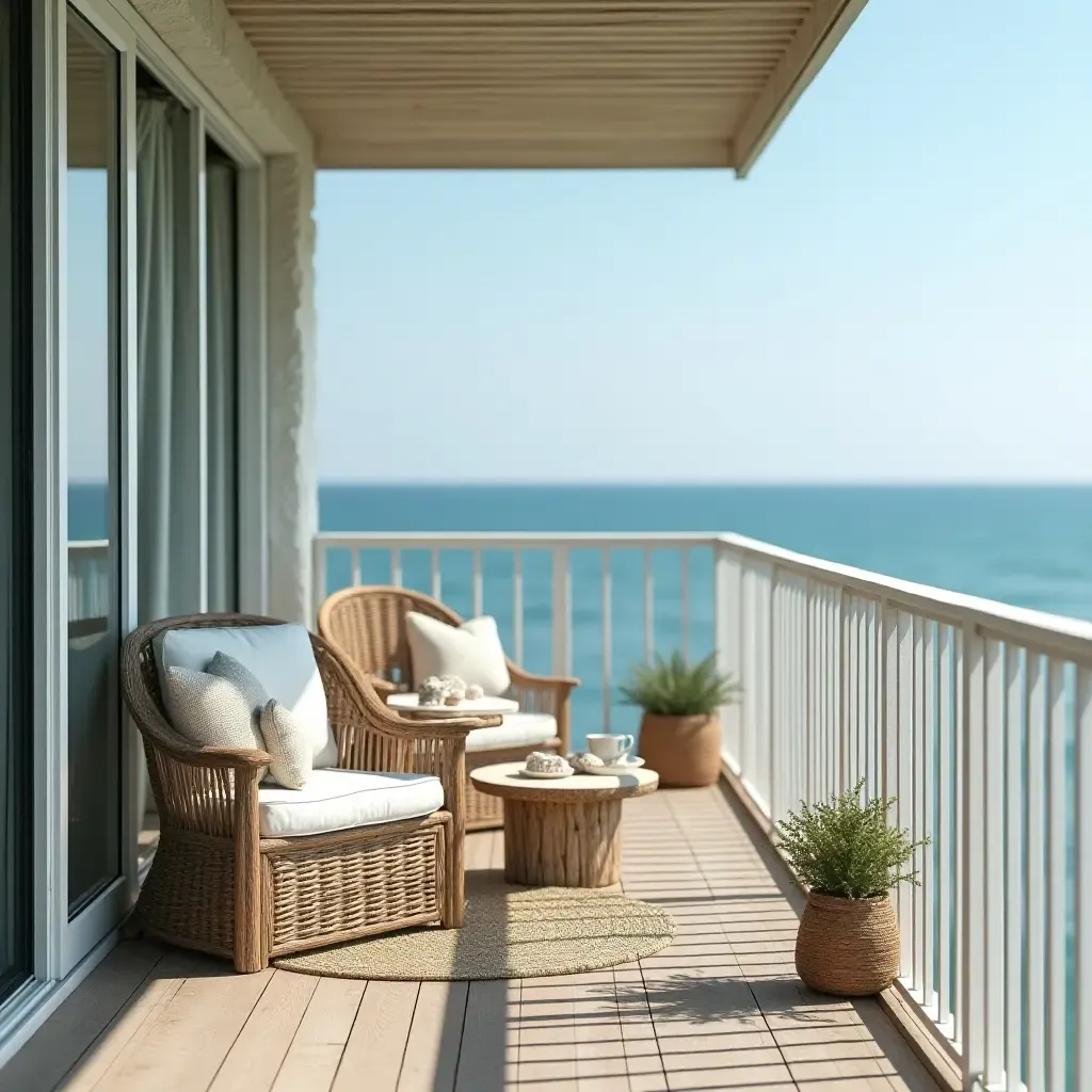 a photo of a balcony decorated with seashells and beach-themed accessories