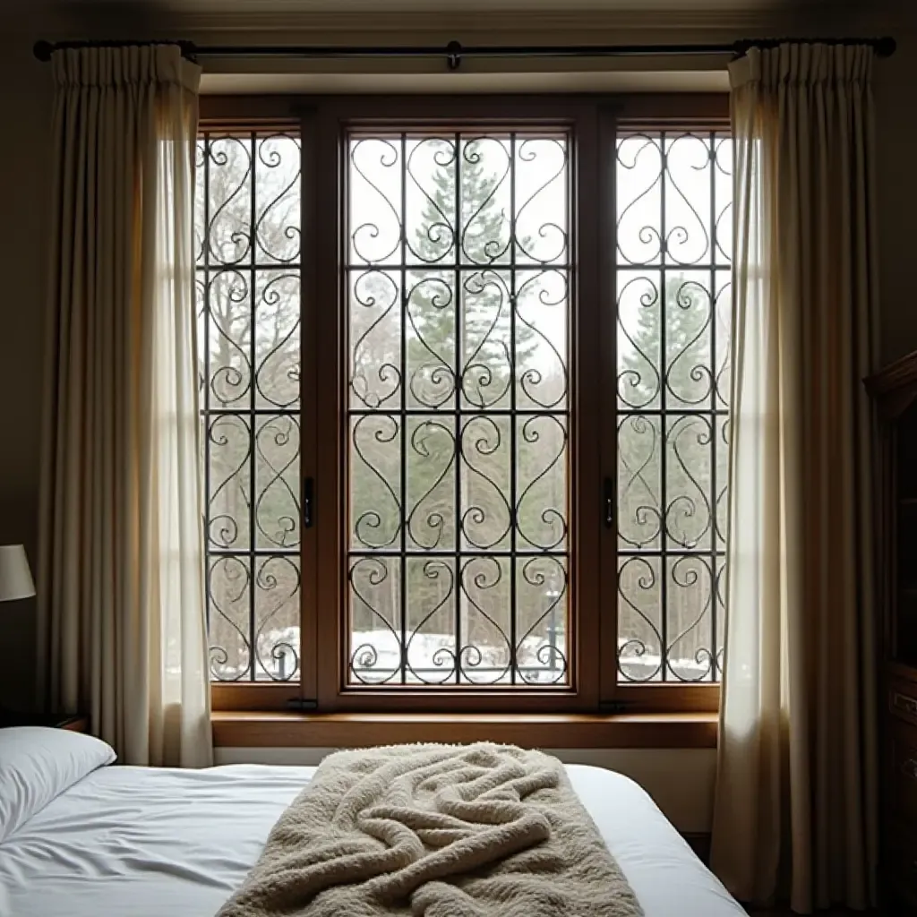 a photo of a bedroom with a large window and metal grilles