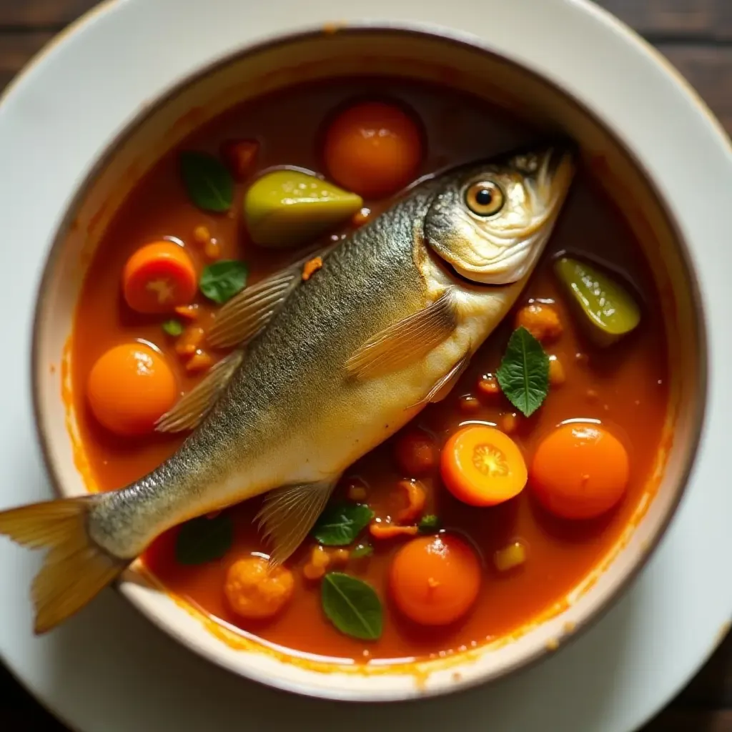 a photo of Caldeirada de Peixe, a traditional Portuguese-Spanish fish stew with vibrant vegetables.