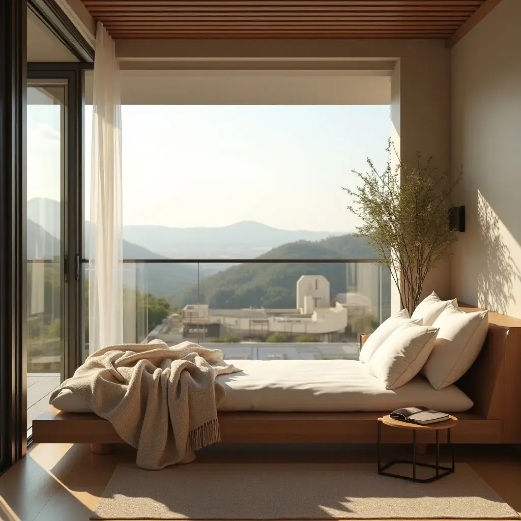 a photo of a luxurious balcony with a daybed and soft throw blankets