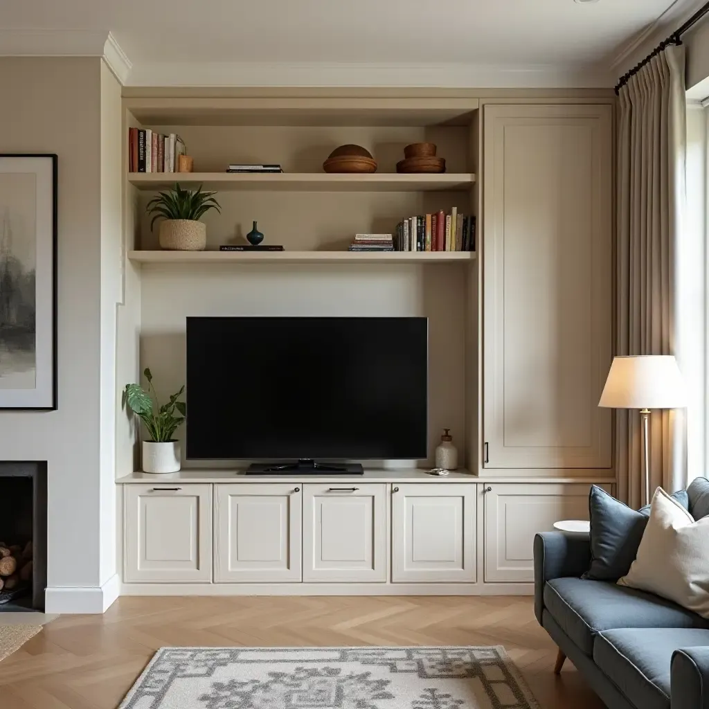 a photo of a small living room with a built-in TV nook and cozy seating