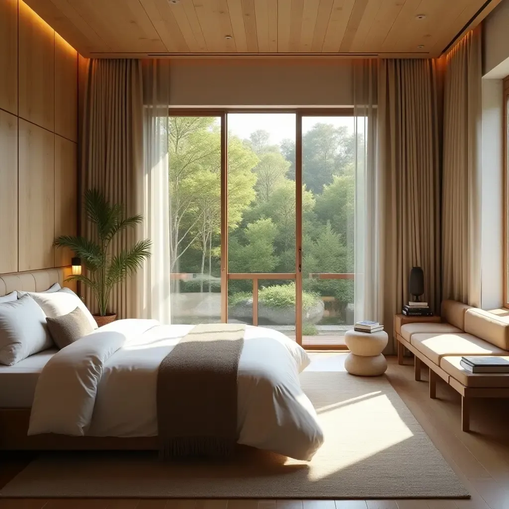 a photo of a luxurious bedroom with a reading nook and ample natural light