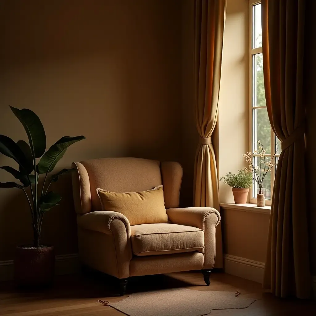 a photo of a cozy reading nook with a plush armchair and soft lighting