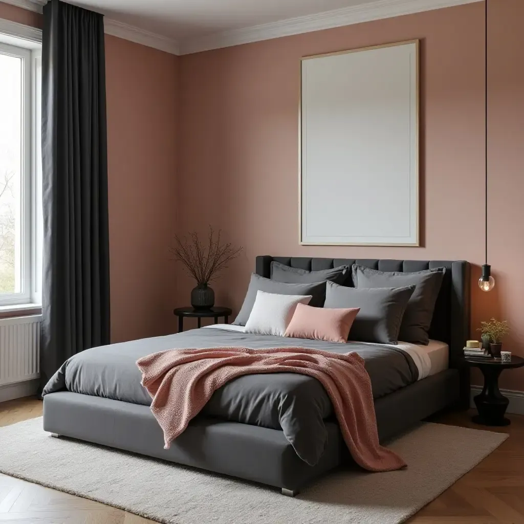 a photo of a stylish charcoal and blush bedroom with minimalist decor