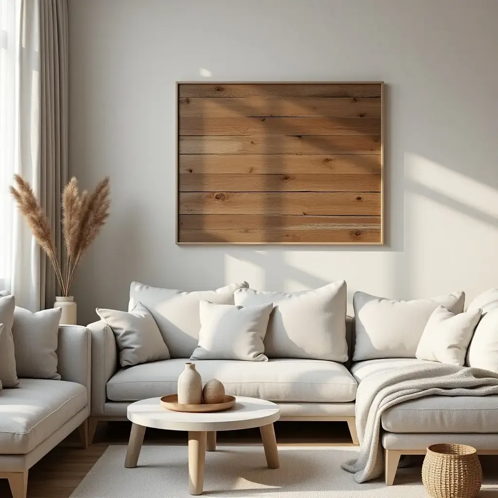 a photo of a rustic wooden wall art piece in a cozy living room