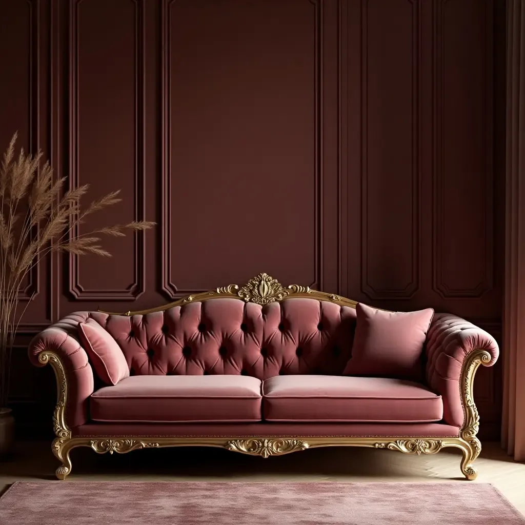 a photo of a luxurious velvet sofa with gold accents