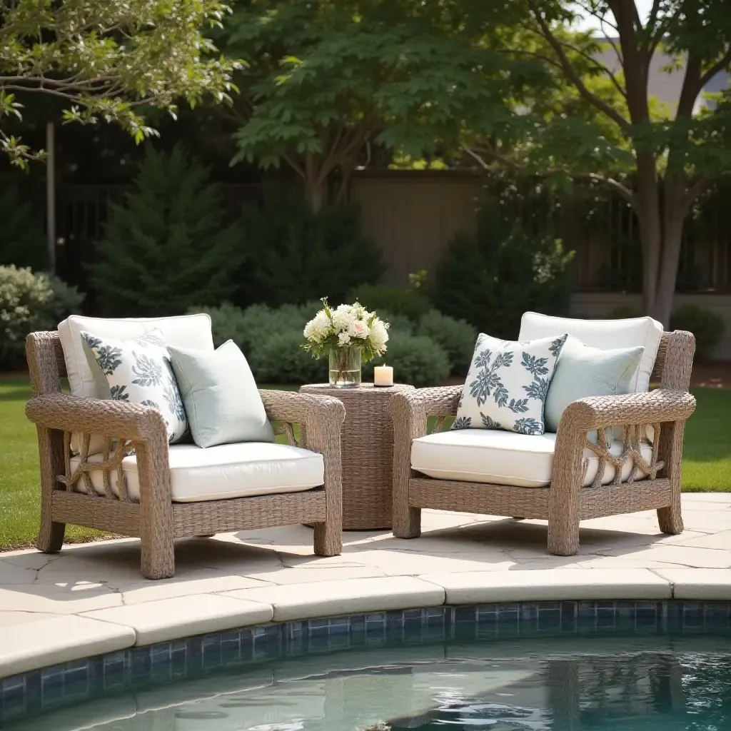 a photo of throw pillows adding comfort to a rustic poolside setting