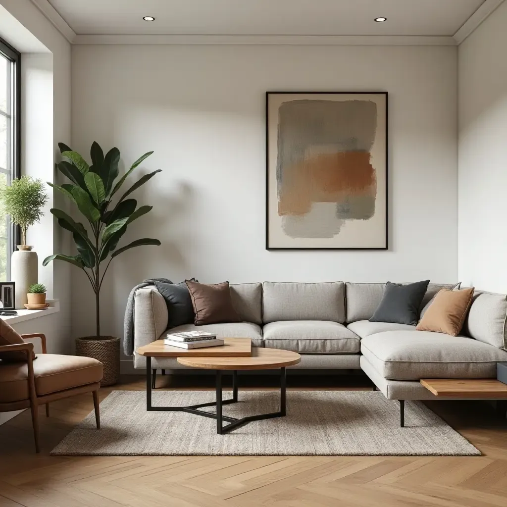 a photo of a living room showcasing a mix of wood and metal decor elements