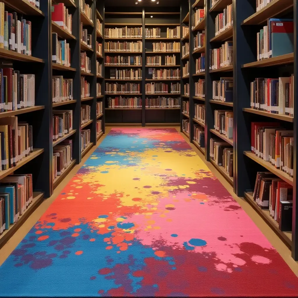 a photo of a modern abstract rug with splashes of color in a library