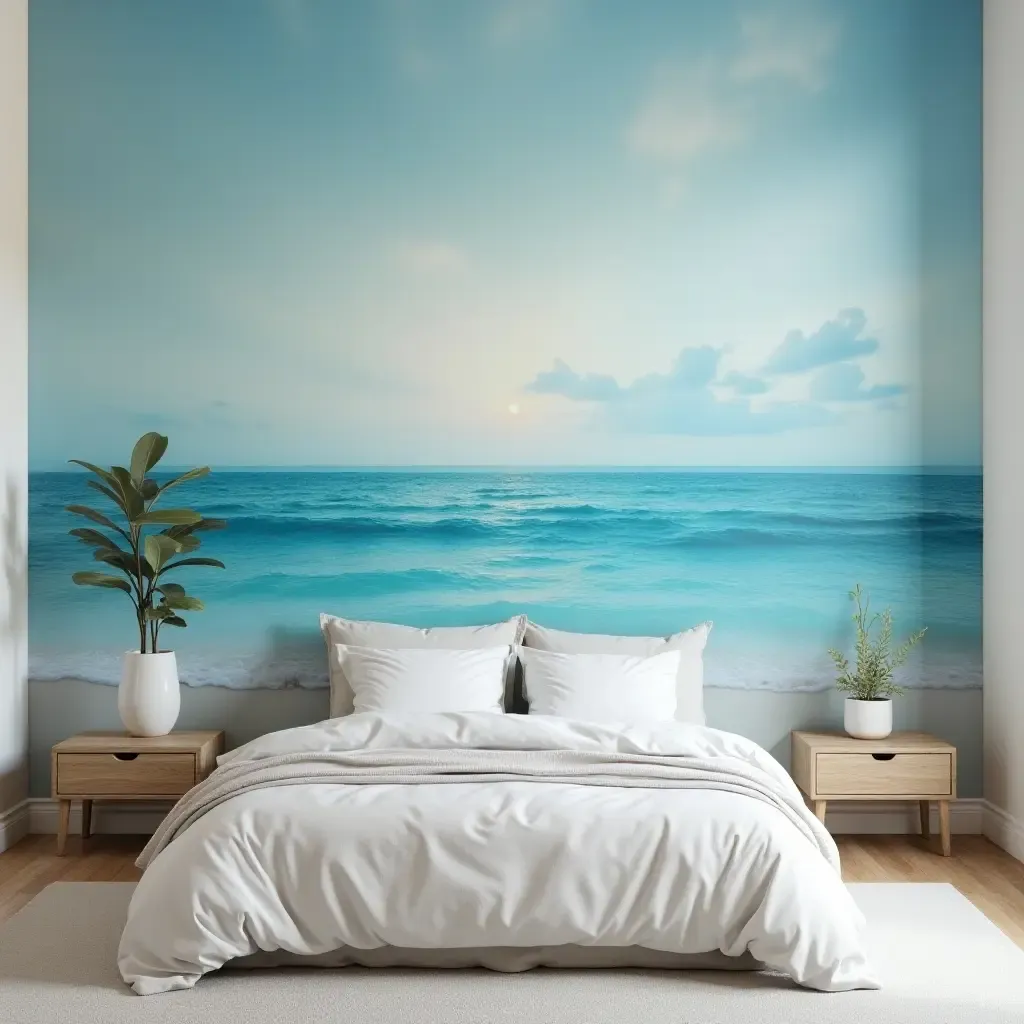 a photo of a calming ocean scene mural in a bedroom