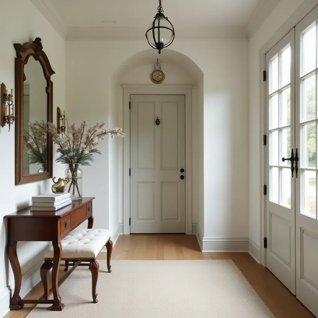 a photo of a vintage-inspired foyer with antique mirrors and classic decor