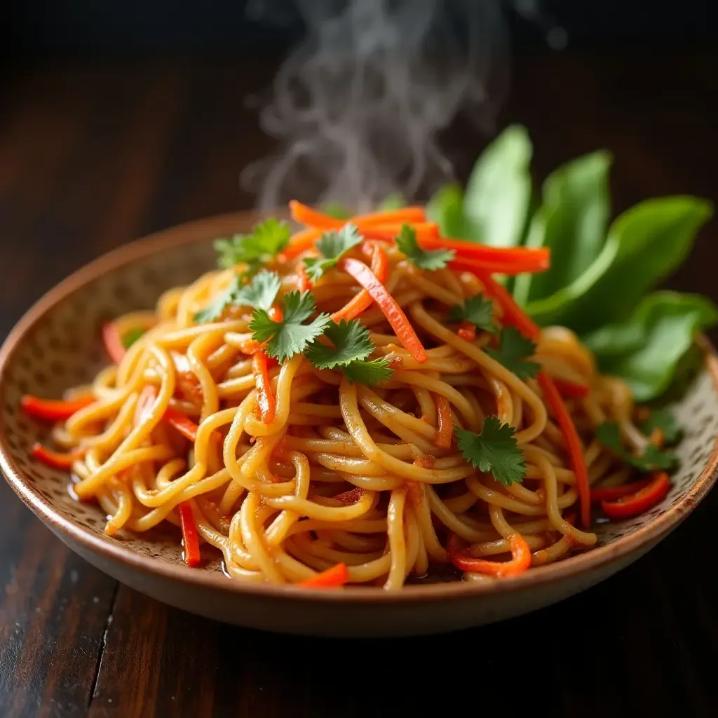 a photo of sizzling Vietnamese vegetarian stir-fried noodles with vegetables and soy sauce