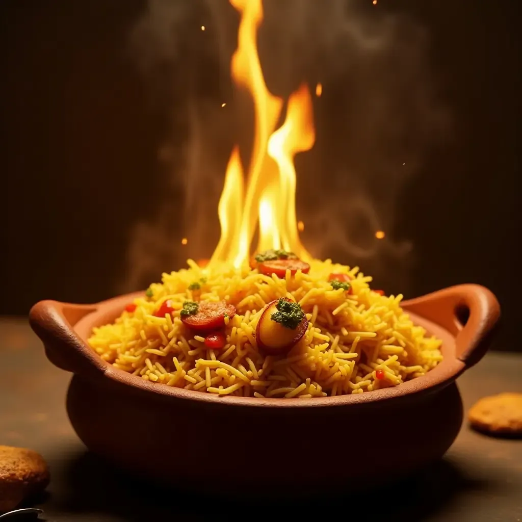 a photo of sizzling vegetarian biryani with saffron rice, vegetables, and herbs, served in a clay pot