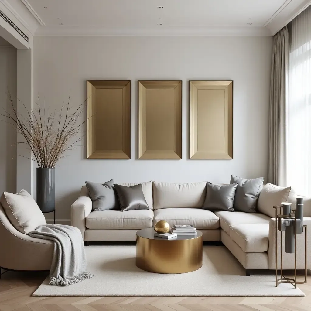 a photo of a sophisticated living room with metallic wall mirrors