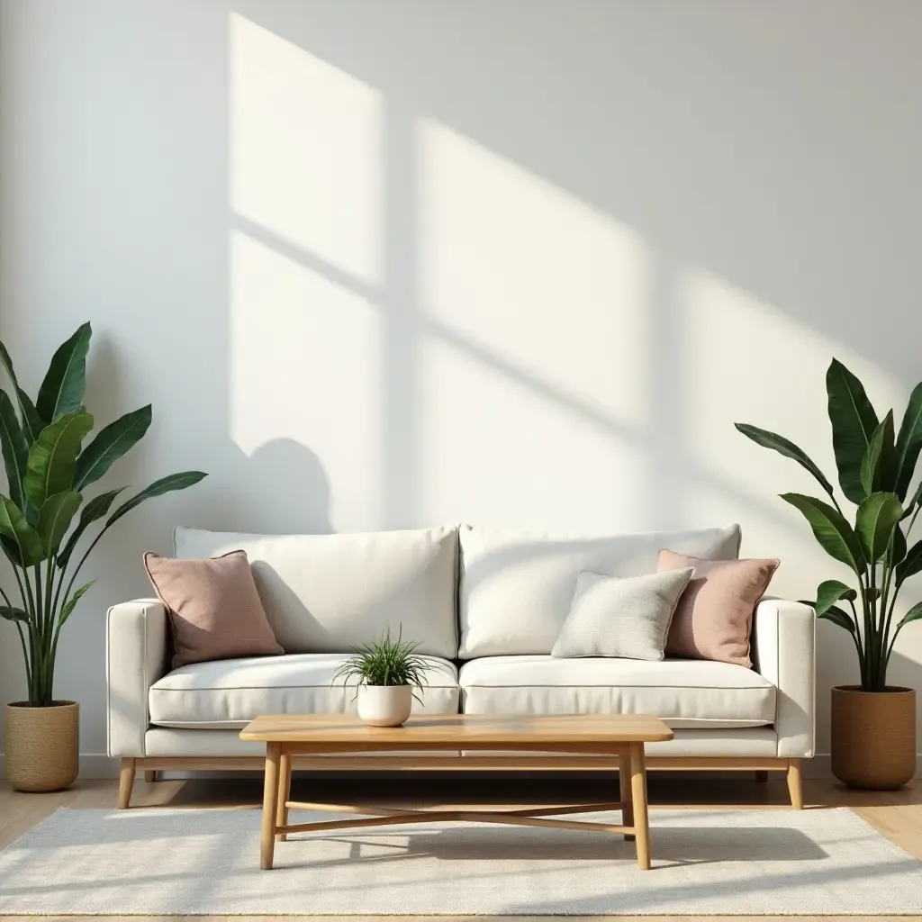 a photo of a living room with a wooden coffee table and potted plants