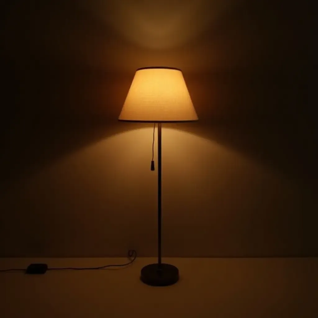 a photo of a stylish floor lamp casting warm, moody light