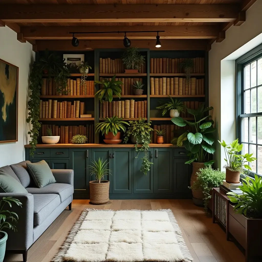 a photo of a basement with a plant-filled bookshelf