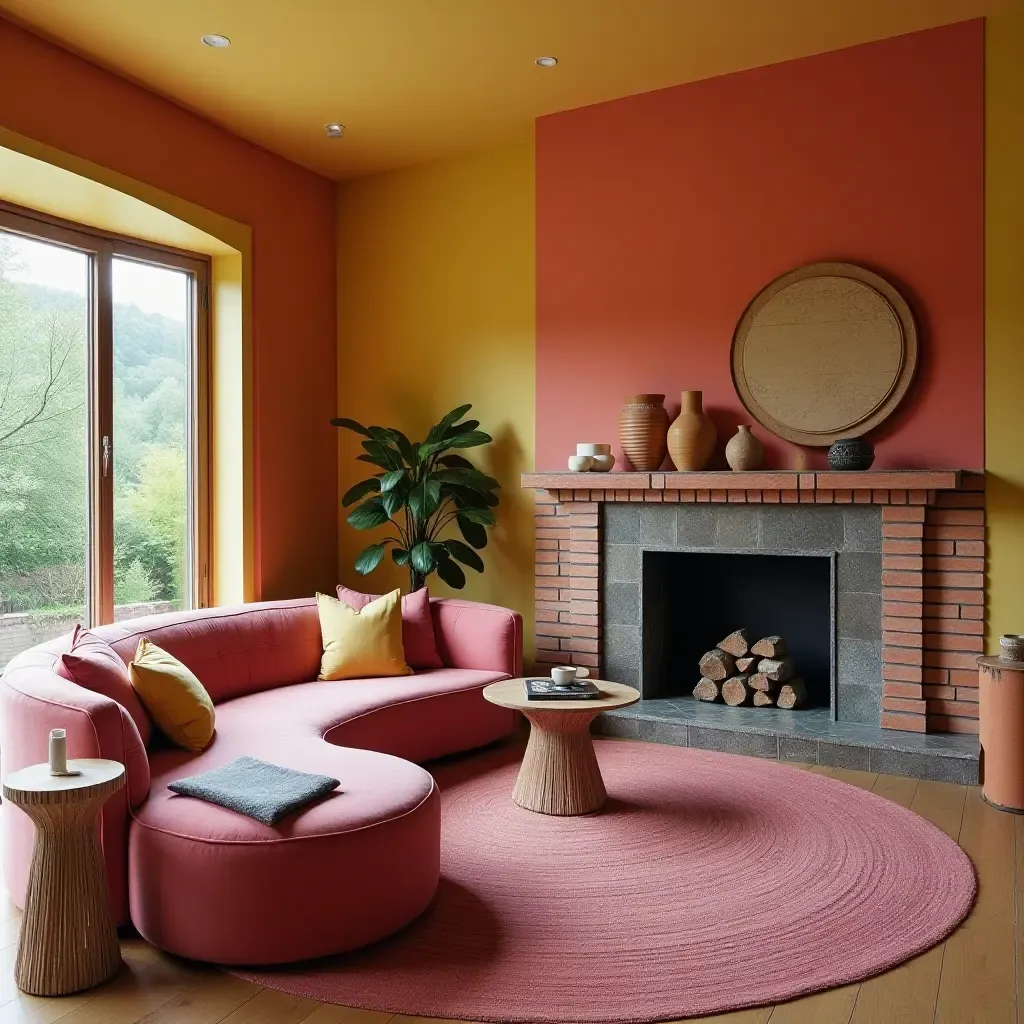 a photo of a vibrant living room with a sectional and a tiled fireplace