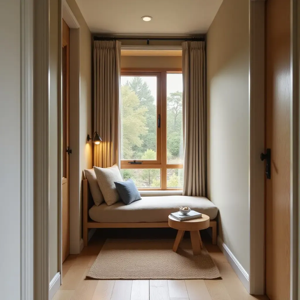 a photo of a narrow corridor transformed into a cozy reading nook