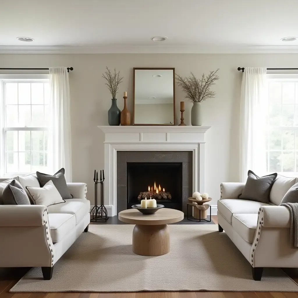 a photo of a living room showcasing a cozy fireplace with farmhouse decor