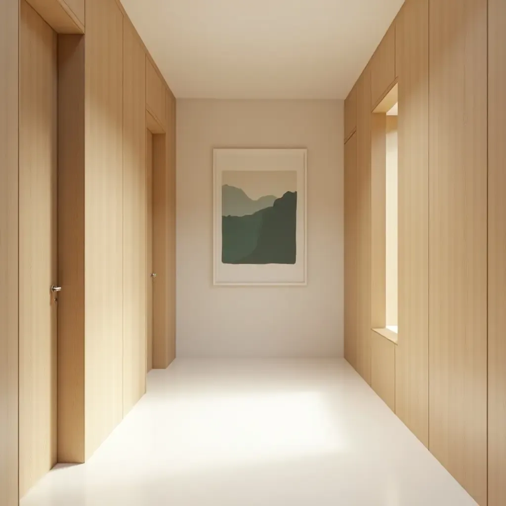 a photo of a minimalist corridor featuring light wood paneling and simple artwork