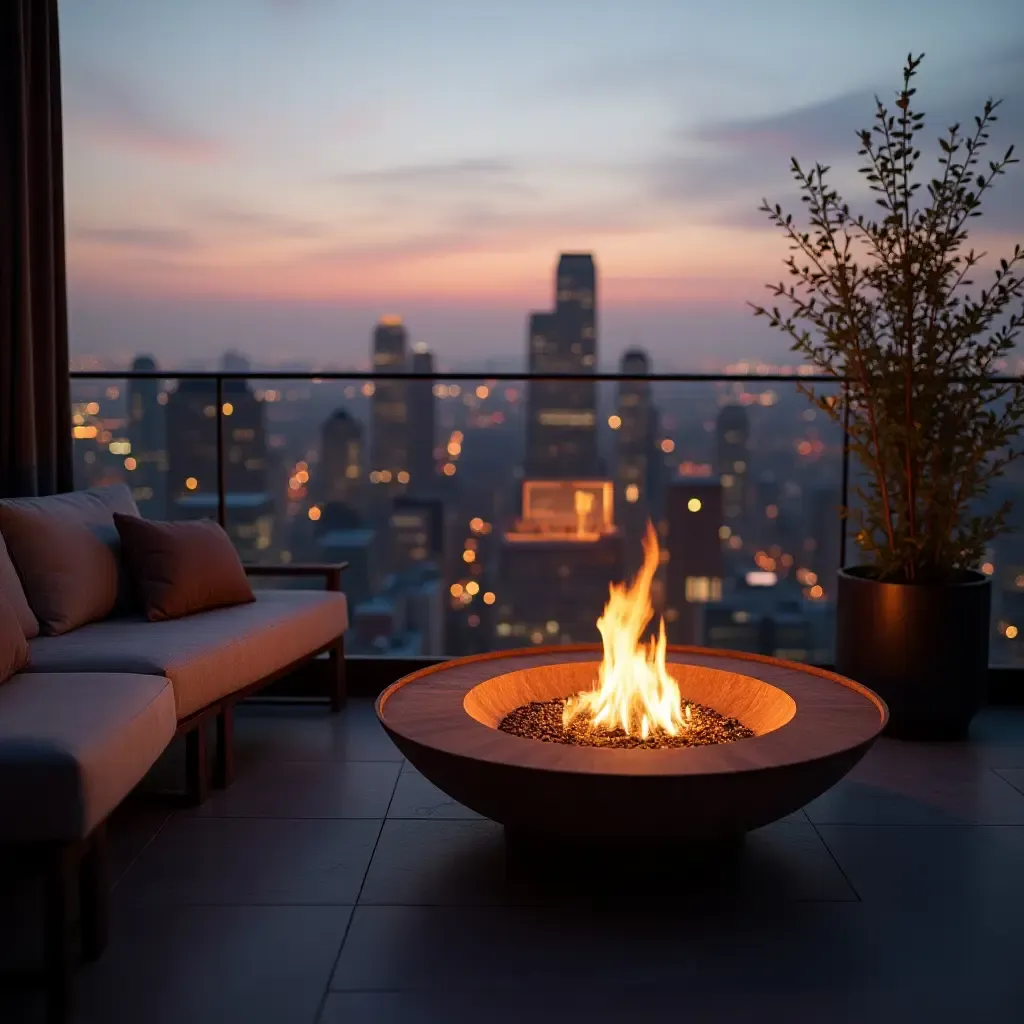 a photo of a balcony overlooking the city with a cozy fire pit