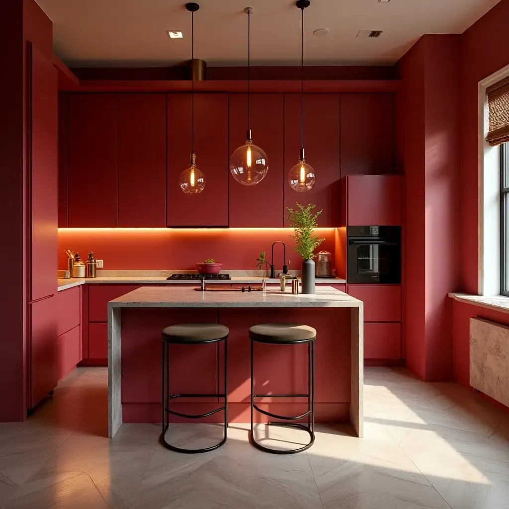 a photo of a kitchen with a striking color contrast and glamorous details