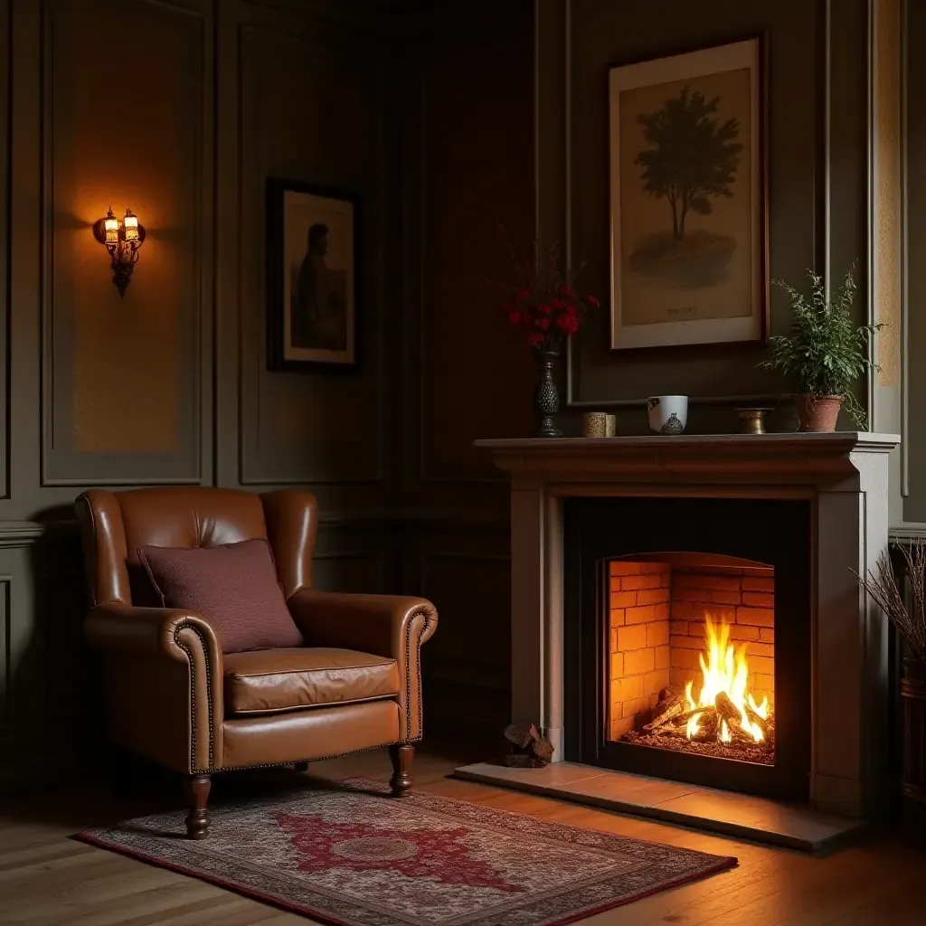 a photo of a reading nook with a warm fireplace and a comfortable armchair