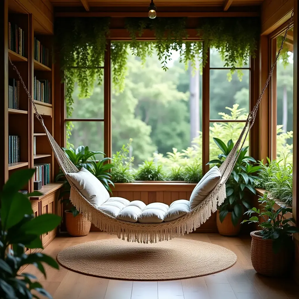 a photo of a reading nook with an inviting hammock and greenery